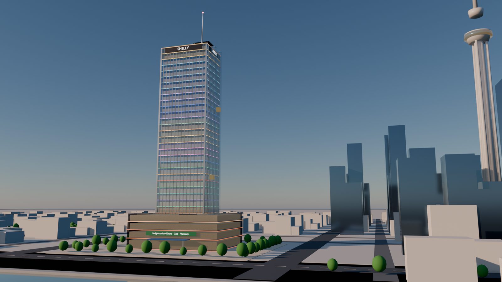 Shelly Tower today on the Auckland waterfront, with the CBD and the Sky Tower behind, rendered in Blender